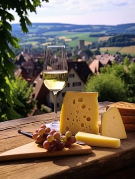 Board with cheeses, white wine in glass, bread toast and grapes. Still life of table for tasting cheese and wine, cozy romantic atmosphere, outdoor village panorama on a warm sunny day AI