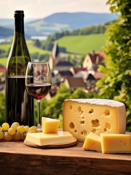 Board with cheeses, white wine in a glass and grapes. Still life of table for tasting cheese and wine, cozy romantic atmosphere, outdoor village panorama on a warm sunny day AI