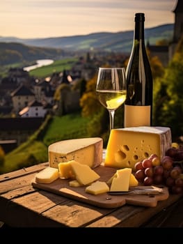 Board with cheeses, white wine in a glass and grapes. Still life of table for tasting cheese and wine, cozy romantic atmosphere, outdoor village panorama on a warm sunny day AI