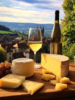 Board with cheeses, white wine in a glass and grapes. Still life of table for tasting cheese and wine, cozy romantic atmosphere, outdoor village panorama on a warm sunny day AI