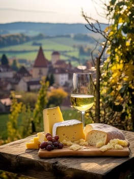 Board with cheeses, white wine in a glass, bread and grapes. Still life of table for tasting cheese and wine, cozy romantic atmosphere, outdoor village panorama on a warm sunny day AI