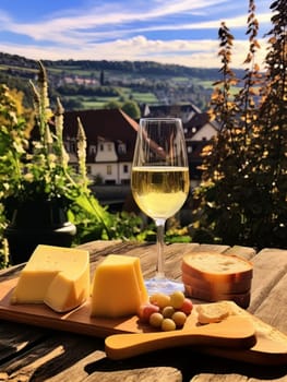 Board with cheeses, white wine in a glass, bread and grapes. Still life of table for tasting cheese and wine, cozy romantic atmosphere, outdoor village panorama on a warm sunny day AI