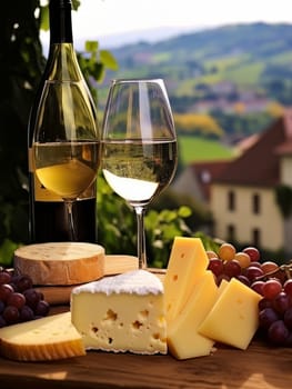 Board with cheeses, white wine in two glasses and grapes. Still life of table for tasting cheese and wine, cozy romantic atmosphere, outdoor village panorama on a warm sunny day AI