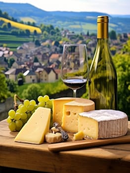 Board with cheeses, white wine in a glass and grapes. Still life of table for tasting cheese and wine, cozy romantic atmosphere, outdoor village panorama on a warm sunny day AI