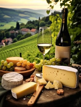 Board with cheeses, white wine in a glass and grapes. Still life of table for tasting cheese and wine, cozy romantic atmosphere, outdoor village panorama on a warm sunny day AI