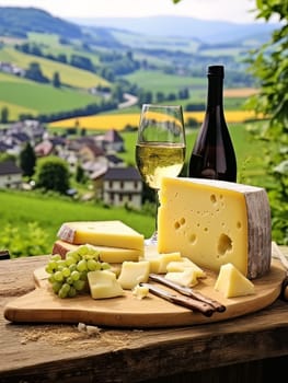 Board with cheeses, white wine in a glass and grapes. Still life of table for tasting cheese and wine, cozy romantic atmosphere, outdoor village panorama on a warm sunny day AI