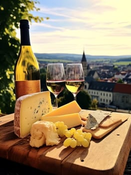 Board with cheeses, white wine in two glasses and grapes. Still life of table for tasting cheese and wine, cozy romantic atmosphere, outdoor village panorama on a warm sunny day AI