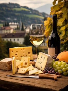 Board with cheeses, white wine in a glass and grapes. Still life of table for tasting cheese and wine, cozy romantic atmosphere, outdoor village panorama on a warm sunny day AI