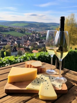 Board with cheeses and white wine in a glass. Still life of table for tasting cheese and wine, cozy romantic atmosphere, outdoor village panorama on warm sunny day AI