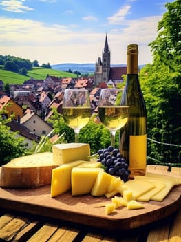 Board with cheeses, white wine in a glass and grapes. Still life of table for tasting cheese and wine, cozy romantic atmosphere, outdoor village panorama on a warm sunny day AI