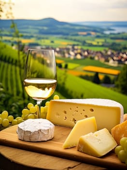 Board with cheeses and white wine in glass. Still life of table for tasting cheese and wine, cozy romantic atmosphere, outdoor village panorama on a warm sunny day AI