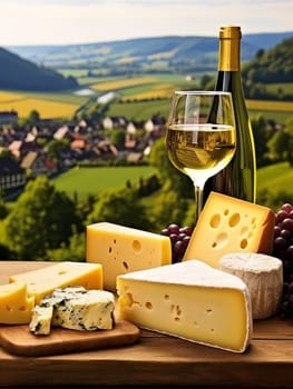 Board with cheeses and white wine in glass. Still life of table for tasting cheese and wine, cozy romantic atmosphere, outdoor village panorama on a warm sunny day AI