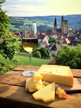 Board with cheeses and white wine in glass. Still life of table for tasting cheese and wine, cozy romantic atmosphere, outdoor village panorama on a warm sunny day AI