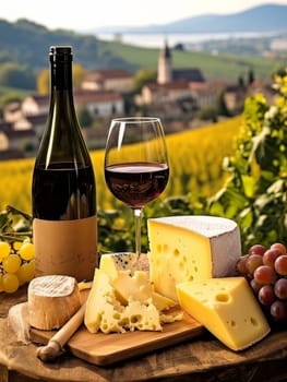 Board with cheeses and red wine in glass. Still life of table for tasting cheese and wine, cozy romantic atmosphere, outdoor village panorama on a warm sunny day AI