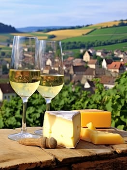 Board with cheeses and white wine in two glasses. Still life of table for tasting cheese and wine, cozy romantic atmosphere, outdoor village panorama on a warm sunny day AI