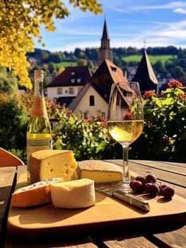 Board with cheeses and white wine in glass. Still life of table for tasting cheese and wine, cozy romantic atmosphere, outdoor village panorama on a warm sunny day AI