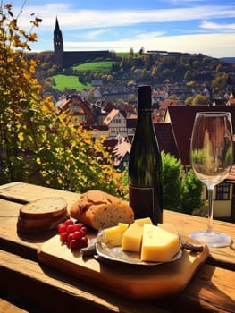 Board with cheeses, bottle of wine, grapes and bread. Still life of table for tasting cheese and wine, cozy romantic atmosphere, outdoor village panorama on a warm sunny day AI