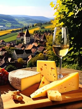 Board with cheeses and white wine in glass. Still life of table for tasting cheese and wine, cozy romantic atmosphere, outdoor village panorama on a warm sunny day AI