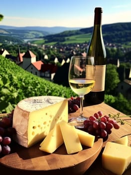 Board with cheeses, white wine in a glass and grapes. Still life of table for tasting cheese and wine, cozy romantic atmosphere, outdoor village panorama on a warm sunny day AI