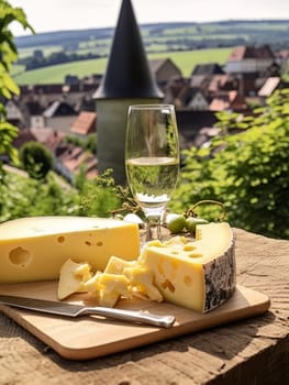 Board with cheeses and white wine in glass. Still life of table for tasting cheese and wine, cozy romantic atmosphere, outdoor village panorama on a warm sunny day AI