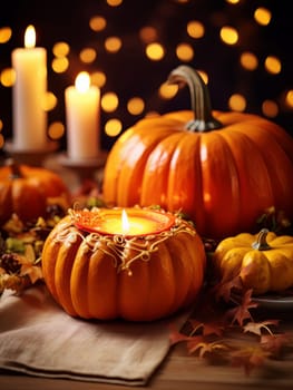 Decor pumpkin with candles as symbols of the Halloween holiday, interior decor element AI