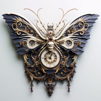 Interior item wall clock made of black silver and gold metal in the form of a butterfly with large wings AI