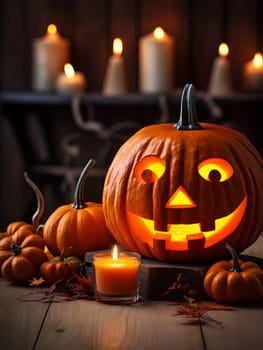Creepy decor pumpkin with a carved spiteful face as symbols of the Halloween holiday, interior decor element AI