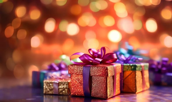 Various colored Birthday presents. colorful and various size of gift boxes with ribbon bow on table top with blurred lights bokeh on blue background, pile of present for holiday celebration party with copy space Festive