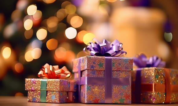 Various colored Birthday presents. colorful and various size of gift boxes with ribbon bow on table top with blurred lights bokeh on blue background, pile of present for holiday celebration party with copy space Festive