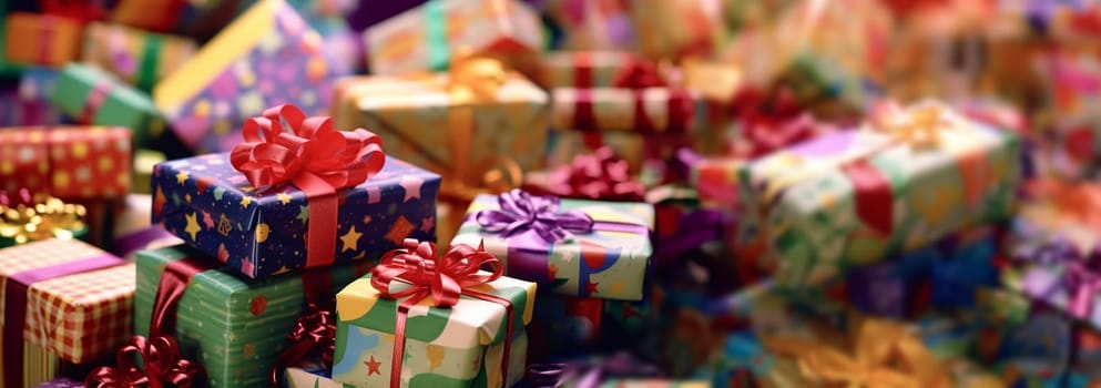 Various colored Birthday presents. colorful and various size of gift boxes with ribbon bow on table top with blurred lights bokeh on blue background, pile of present for holiday celebration party with copy space Festive