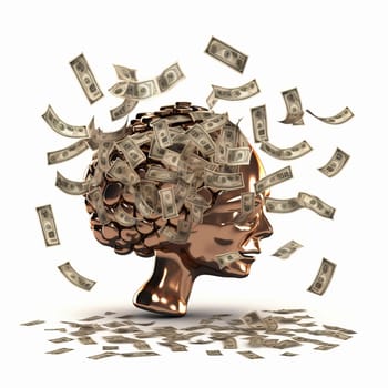 Gold sculpture in the shape of a man's head, with falling banknotes of money, on white background