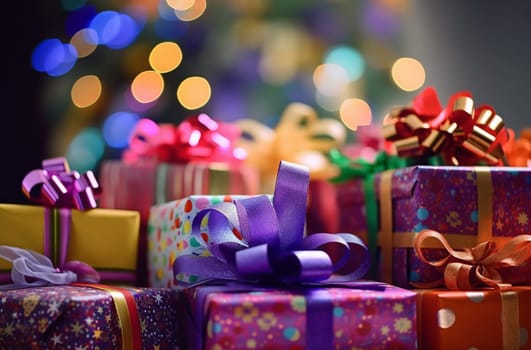 Various colored Birthday presents. colorful and various size of gift boxes with ribbon bow on table top with blurred lights bokeh on blue background, pile of present for holiday celebration party with copy space Festive