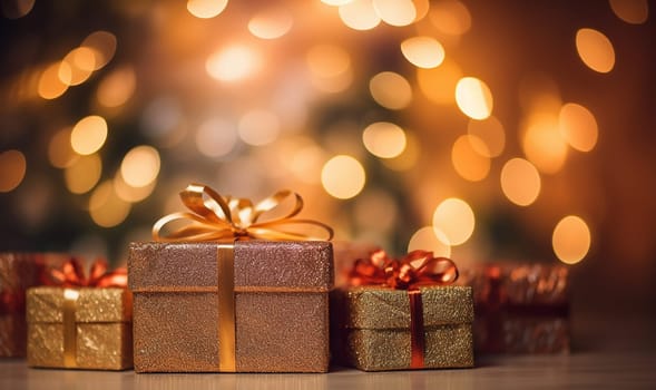 Golden gift boxes with ribbon bow tag over blurred bokeh background with lights. Birthday or Christmas decor. Blinking Holiday Background. Copy space space for text