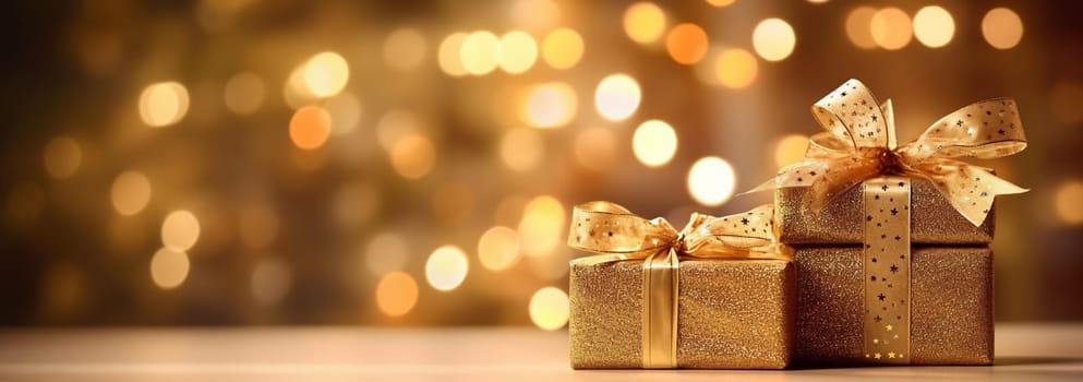 Golden gift boxes with ribbon bow tag over blurred bokeh background with lights. Birthday or Christmas decor. Blinking Holiday Background. Copy space space for text