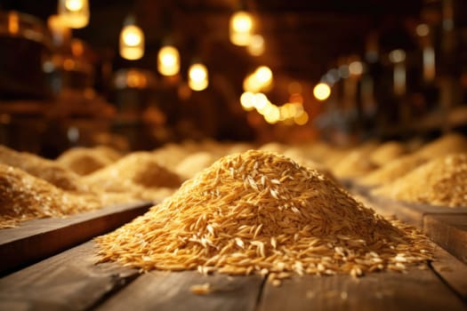 Grain warehouse. Heaps of grain on a wooden floor. Harvest concept. Golden grain.