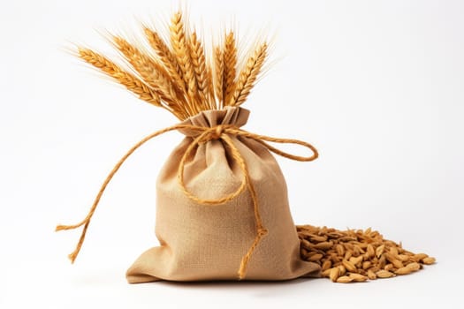Sack of wheat and ears of wheat on a white background. Quality products, healthy eating. Generated by artificial intelligence