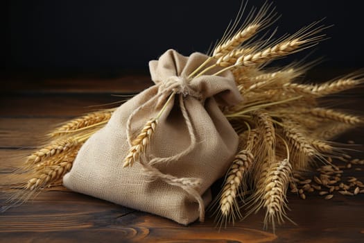Sack of wheat and ears of wheat on a wooden table top. Quality products, healthy eating. Generated by artificial intelligence