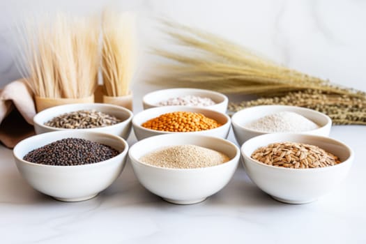 White bowls with various grains. Ears of wheat. Healthy eating concept. White background