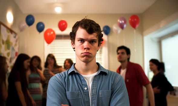 Young bored unhappy man at a home party. Portrait of his he nice attractive depressed dumped guy feeling bad after party no fun