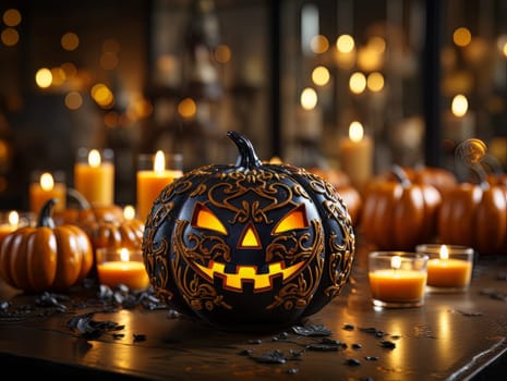 Creepy decor pumpkin with a carved spiteful face as symbols of the Halloween holiday, interior decor element AI