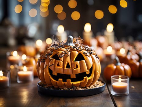 Creepy decor pumpkin with a carved spiteful face as symbols of the Halloween holiday, interior decor element AI