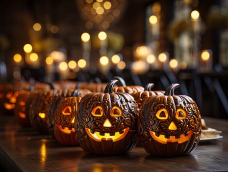 Creepy decor pumpkins with a carved spiteful faces as symbols of the Halloween holiday, interior decor element AI