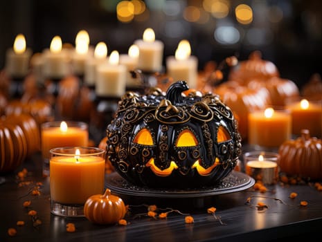 Creepy decor pumpkin with a carved spiteful face as symbols of the Halloween holiday, interior decor element AI