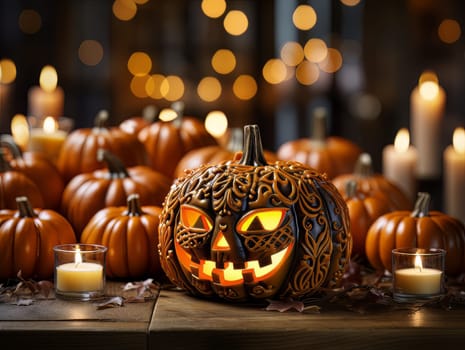 Creepy decor pumpkin with a carved spiteful face as symbols of the Halloween holiday, interior decor element AI