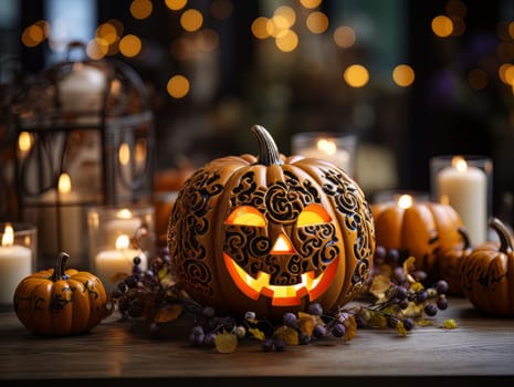 Creepy decor pumpkin with a carved spiteful face as symbols of the Halloween holiday, interior decor element AI