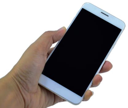 Hand holding a white smartphone (with clipping path)
