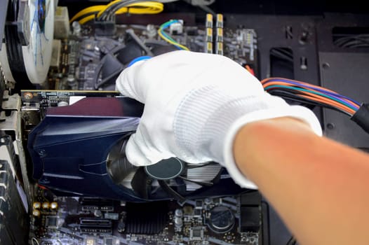 Top view technician about to install, black graphics card in hand.
