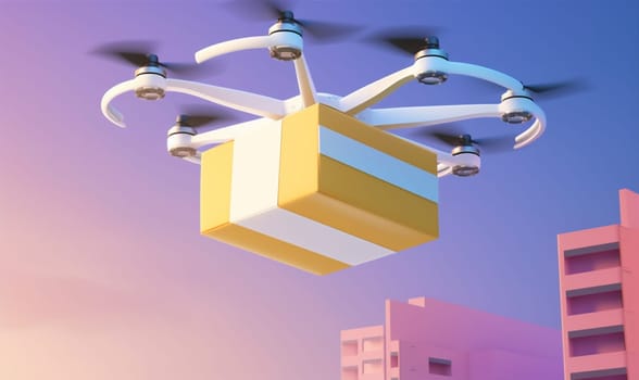 fly robot delivery drone flying blue vehicle post business cardboard future sky air cargo aircraft shipping fast helicopter service technology. Generative AI.