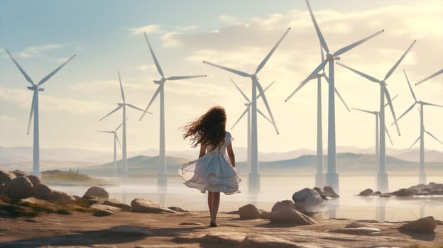 Back woman ecology blue generate environment wind renewable meadow technology green windmill field turbine power run nature electricity sky energy