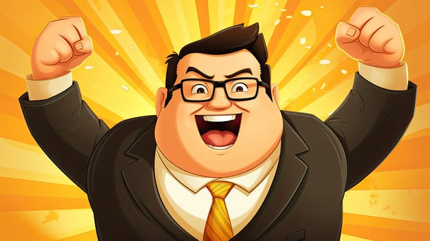 Confidence e-driven success cartoon illustration - Generative AI. Cheerful, man, glasses, suit.